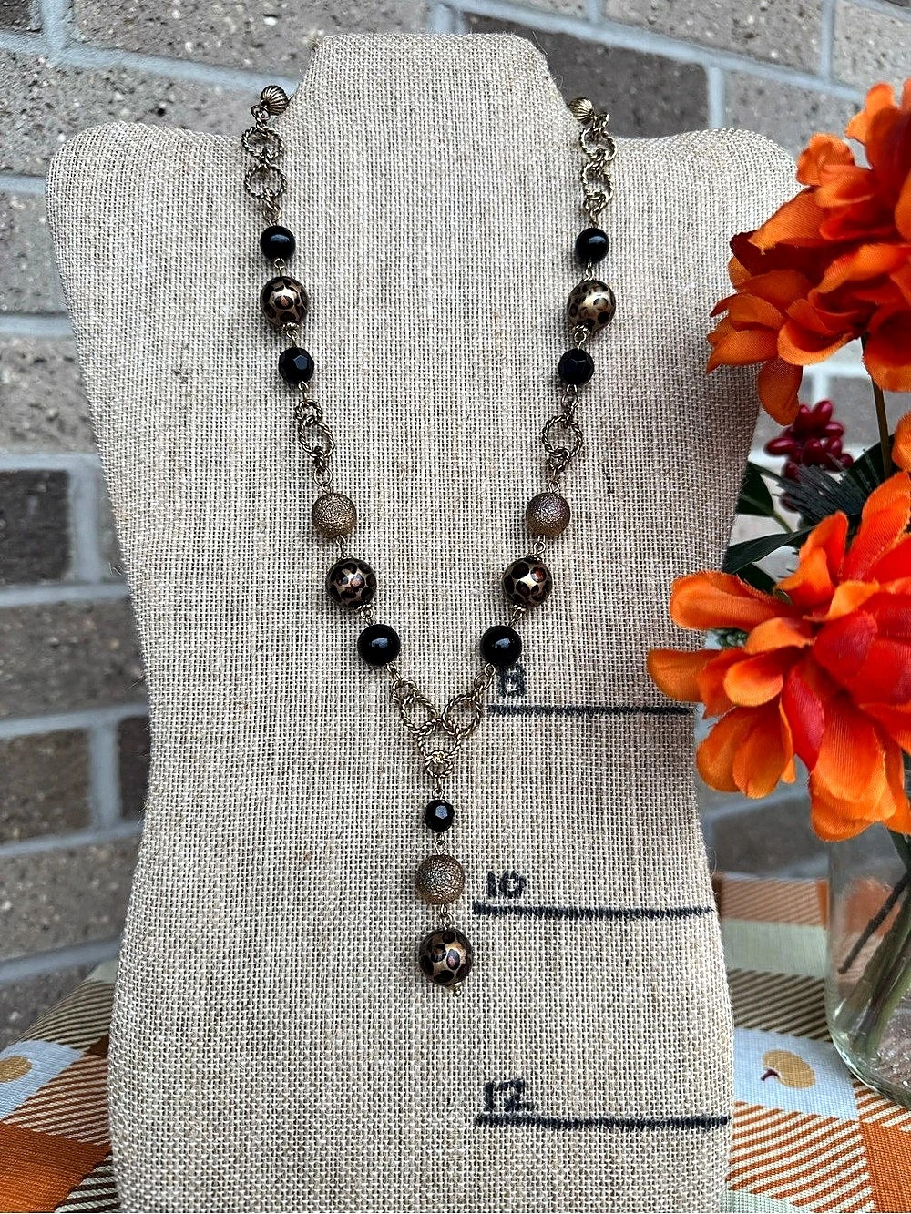 Leopard Print Black & Gold Beaded Y-Drop Statement Necklace